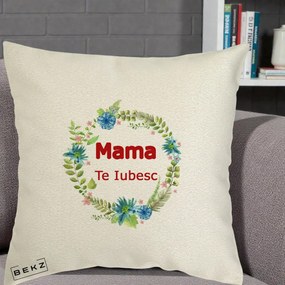 Cadou pentru Mama - Perna Personalizata Mama Te Iubesc Flori Albastre, 40x40 cm, Ecru, Husa Detasabila, Perna Inclusa, BEKZ®