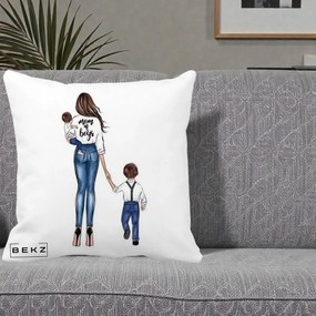Cadou pentru Mama - Perna Personalizata Mom of Boys Mama cu Baietii, 40x40 cm, Alba Mata, Husa Detasabila, Perna Inclusa, BEKZ®