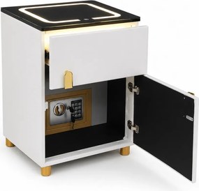 Noptieră inteligentă cu seif ascuns, spațiu depozitare, iluminare LED Touch, luminozitate reglabilă, încărcare fără fir, sticla securizata, Alb