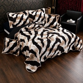 Cuvertură bumbac, 5 piese, pat 2 persoane, 230x250 cm, CB398, model animal print bej-negru