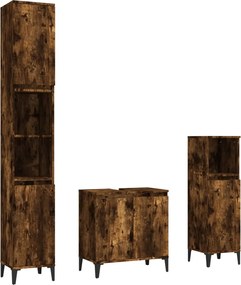 vidaXL Set mobilier de baie, 3 piese, stejar fumuriu, lemn prelucrat