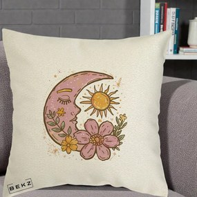 Perna Personalizata Luna si Soare Floral Boho, 40x40 cm, Ecru, Husa Detasabila, Perna Inclusa, BEKZ®