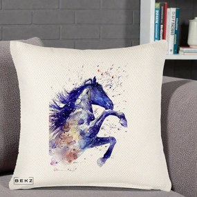 Perna Decorativa Cal Albastru Acuarela, 40x40 cm, Crem Reliefat, Husa Detasabila, Perna Inclusa, BEKZ®