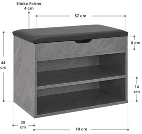 Suport pantofi cu capac rabatabil și scaun tapițat 60 x 30 x 44 cm aspect beton