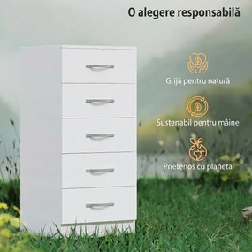 HOMCOM Comodă cu 5 Sertare, Design Modern, Slim, cu Mânere Argintii, Ideală pentru Dormitor, Cameră, Hol sau Living, Dimensiuni 40x35x85 cm, Alb | Aosom Romania