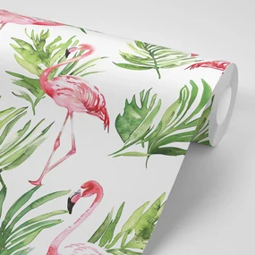Tapet flamingo de acuarelă cu frunze