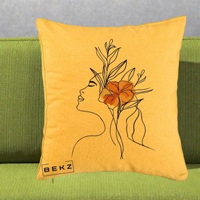 Perna Decorativa Portret Feminin Floare Portocalie Lateral, 40x40 cm, Galben, Husa Detasabila, Perna Inclusa, BEKZ®