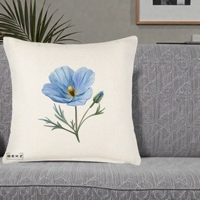 Perna Decorativa Mac Albastru Acuarela, 40x40 cm, Crem Reliefat, Husa Detasabila, Perna Inclusa, BEKZ®