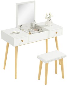 HOMCOM Set coafatoare cu taburet mirror rabatabil stil scandinav 2 sertare 100 x 45 x 118 cm, alb | Aosom Romania