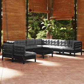 Set mobilier gradina cu perne, 10 piese, negru, lemn masiv pin Negru, 1