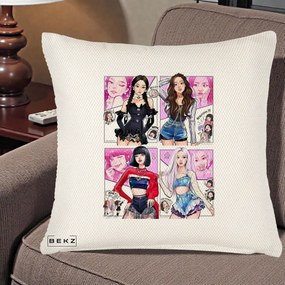 Perna Personalizata K-pop BLACKPINK Fanart Manga Benzi Desenate 4 Membre, 40x40 cm, Crem Reliefat, Husa Detasabila, Perna Inclusa, BEKZ®