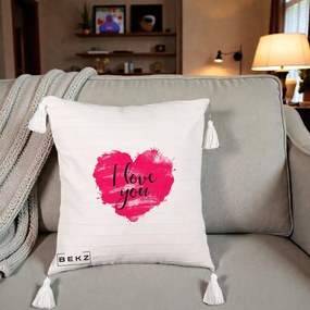 Cadou Romantic - Perna Personalizata I Love You Inima Roz, 40x40 cm, Bej cu Franjuri, Husa Detasabila, Perna Inclusa, BEKZ®