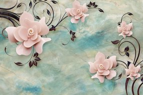 Tapet Premium Canvas - Abstract flori roz cu ramuri