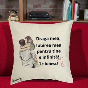 Cadou pentru Iubita - Perna Personalizata Draga Mea Iubirea Mea Infinita Te Iubesc cu Cuplu Acuarela, 40x40 cm, Ecru, Husa Detasabila, Perna Inclusa, BEKZ®