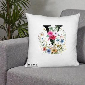 Cadou Personalizat - Perna Personalizata Monograma Florala Litera V cu Coroana, 40x40 cm, Alb Pufos, Husa Detasabila, Perna Inclusa, BEKZ®