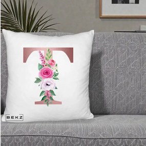 Cadou Personalizat - Perna Personalizata Monograma Rose Gold Litera T, 40x40 cm, Alb Pufos, Husa Detasabila, Perna Inclusa, BEKZ®