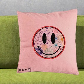 Perna Decorativa Smiley Face cu Artificii Multicolore, 40x40 cm, Roz, Husa Detasabila, Perna Inclusa, BEKZ®