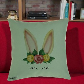 Perna Decorativa Iepuras Flori Urechi Pastelui, 40x40 cm, Verde, Husa Detasabila, Perna Inclusa, BEKZ®