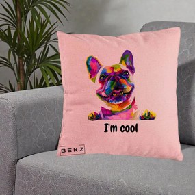 Perna Personalizata Bulldog Francez I'm Cool, 40x40 cm, Roz, Husa Detasabila, Perna Inclusa, BEKZ®