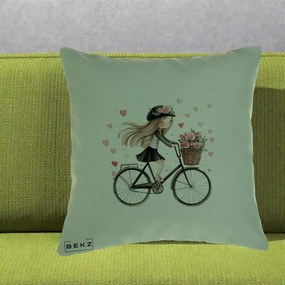 Perna Decorativa Fetita Kawaii pe Bicicleta cu Trandafiri si Inimioare, 40x40 cm, Verde, Husa Detasabila, Perna Inclusa, BEKZ®