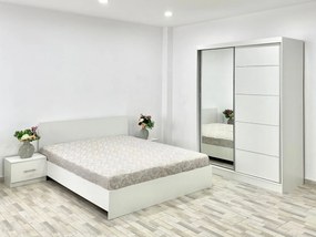 Dormitor Madrid, culoare alb, cu pat standard 140 x 200 cm, dulap cu oglinda 150 cm si 2 noptiere