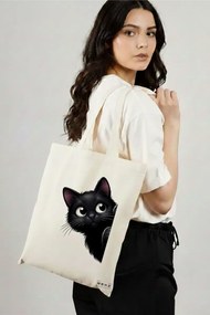Sacosa de Panza pentru Cumparaturi, Geanta Tote, model The Curious Cat, 38 x 34.5 cm, Alba, BEKZ®