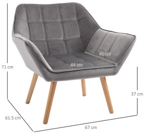 Fotoliu Living HOMCOM Stil Nordic din Lemn cu Efect de Catifea Gri pentru Sufragerie sau Birou, Dimensiuni 67x61.5x71cm | Aosom România