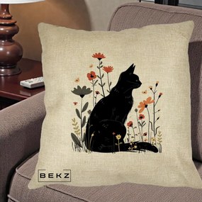 Perna Decorativa Pisica Neagra Profil Flori Portocalii, 40x40 cm, Crem, Husa Detasabila, Perna Inclusa, BEKZ®