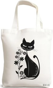 Sacosa de Panza pentru Cumparaturi, Geanta Tote, model Cat and Flowers 9, 38 x 34.5 cm, Alba, BEKZ®