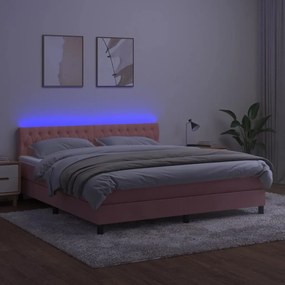 Pat continental cu saltea  LED, roz, 180x200 cm, catifea Roz, 180 x 200 cm, Design cu nasturi