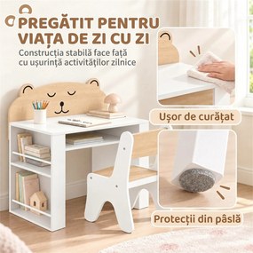 AIYAPLAY Set masă copii cu scaun, rafturi laterale, compartiment depozitare, 3-8 ani, model ursuleț, alb | Aosom Romania