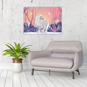 Tablou pe sticlă - Unicorn în pădurea fermecată (70x50 cm)