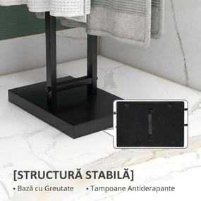 HOMCOM Suport de Prosoape de Podea cu 2 brațe, Suport de Prosoape din Metal pentru Baie, 50x18,5x85 cm, Negru | Aosom Romania