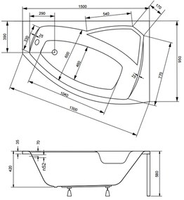 Cada baie asimetrica cu sezut, acril, 150 x 95 cm, orientare dreapta, Besco Rima 1500x950 mm, Dreapta