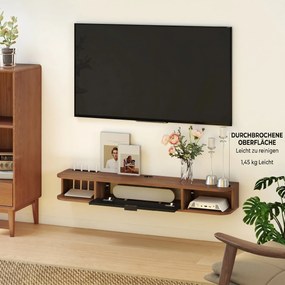 HOMCOM Mobilier TV Suspendat, Suport TV Până la 50" cu Sertar Rabatabil, 2 Rafturi Deschise și Orificiu pentru Cabluri, Mobilier pentru Televizor pentru Sufragerie, Dormitor și Sală de Stat, 120x24x16 cm, Nuc | Aosom Romania