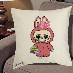 Perna Personalizata Labubu Roz cu Funda si Carti, 40x40 cm, Ecru, Husa Detasabila, Perna Inclusa, BEKZ®