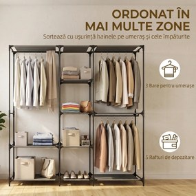 HOMCOM Dulap Textil Compact cu 3 Bare pentru Umerașe, 5 Rafturi și Structură din Oțel, 182 x 43 x 182 Cm, Negru | Aosom Romania