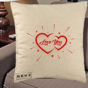 Cadou Romantic - Perna Personalizata Love You Doua Inimi, 40x40 cm, Bej, Husa Detasabila, Perna Inclusa, BEKZ®