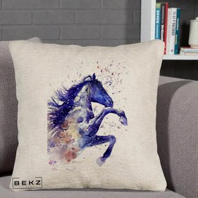 Perna Decorativa Cal Albastru Acuarela, 40x40 cm, Bej Canapea, Husa Detasabila, Perna Inclusa, BEKZ®