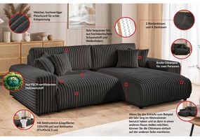 Colțar gri închis extensibil, cu spațiu de depozitare, cu tapițerie din catifea reiată (cu colț pe partea dreaptă) Sarina – Ropez