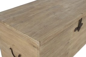 Cufăr mare din lemn masiv de tec, natur, pe roți din lemn, cu feronerie din fier și capac plat, 76 x 136 x 70 cm, „Chestnut”
