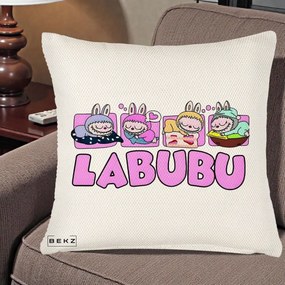 Perna Personalizata Labubu Sleeping Quad, 40x40 cm, Crem Reliefat, Husa Detasabila, Perna Inclusa, BEKZ®