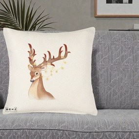 Perna Decorativa Ren cu Luminite de Craciun, 40x40 cm, Crem Reliefat, Husa Detasabila, Perna Inclusa, BEKZ®