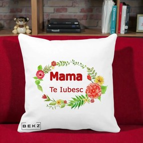 Cadou pentru Mama - Perna Personalizata Mama Te Iubesc Flori Rosii, 40x40 cm, Alba Mata, Husa Detasabila, Perna Inclusa, BEKZ®