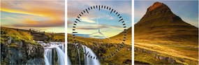 Tablou cu munții și cascade pe Islanda (cu ceas) (90x30 cm)