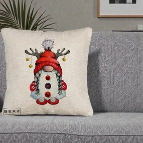 Perna Decorativa Pitic Gnom Craciun cu Coarne de Ren, 40x40 cm, Bej Canapea, Husa Detasabila, Perna Inclusa, BEKZ®