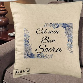 Cadou pentru Socru - Perna Personalizata Cel mai Bun Socru cu Flori Albastre Acuarela, 40x40 cm, Bej, Husa Detasabila, Perna Inclusa, BEKZ®