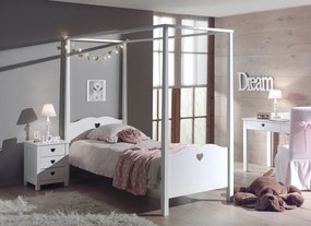 Set Pat cu Baldachin și Noptieră AMORI, 2 Piese, 90x200 cm, Alb (Pin Masiv și MDF) – Vipack