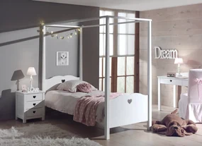 Set Pat cu Baldachin și Noptieră AMORI, 2 Piese, 90x200 cm, Alb (Pin Masiv și MDF) – Vipack
