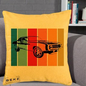 Perna Personalizata Masina Retro Muscle Car Grafic, 40x40 cm, Galben, Husa Detasabila, Perna Inclusa, BEKZ®